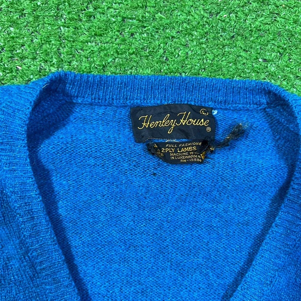 Vintage 50s Designer Sweater LG Lambs Wool Sweater Teal Blue Henley House Flaw